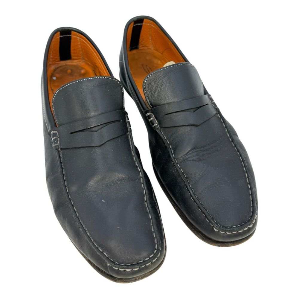 Santoni Austin Black Leather Penny Loafers Mens Size 10 D